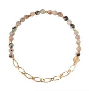 Mini Stone w/Chain Stacking Bracelet - Rhodonite/Gold