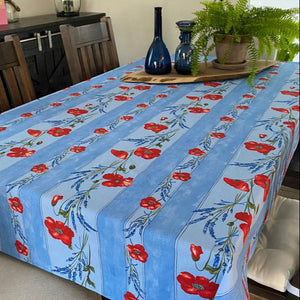 Coated Cotton - Poppy Rectangular Tablecloth 140" Long - Light Blue