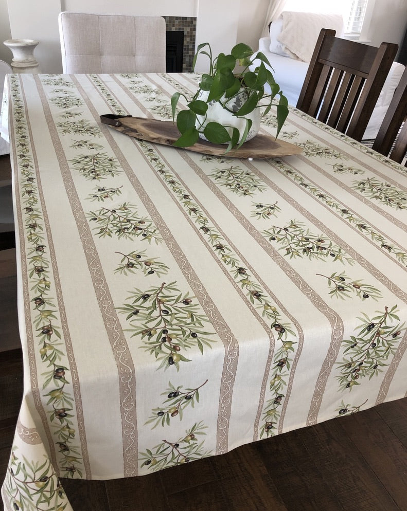 Olive Rectangular Coated Tablecloth - Linear Design - Ecru
