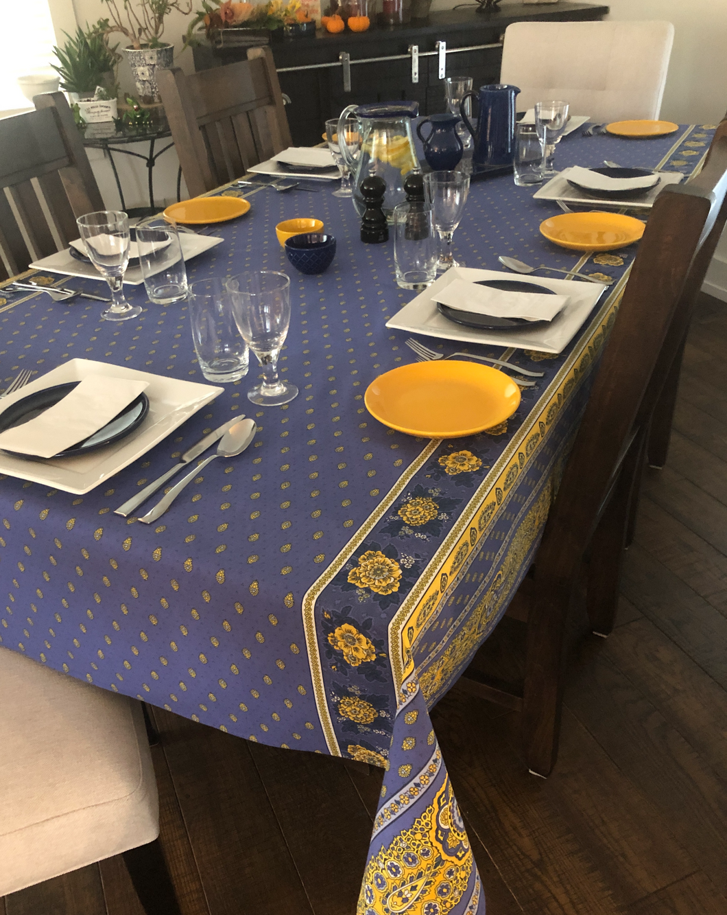 Bastide Placed Design Rectangular Tablecloth - Blue