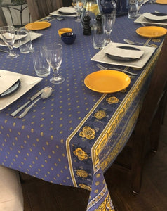 Coated Cotton - Bastide Placed Rectangular Tablecloth 140" Long - Blue