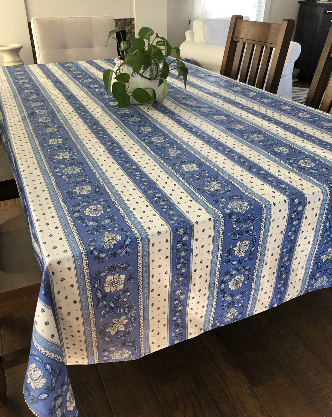 Vence Rectangular Tablecloth - Coated Cotton - Blue/White