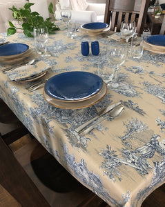Toile Tablecloth - Blue on Taupe